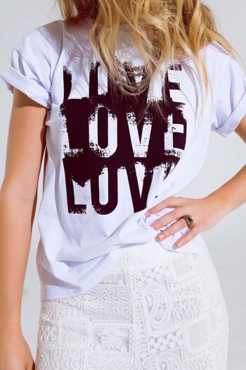 T-shirt à manches courtes avec texte d'amour sur le devant en blanc 3