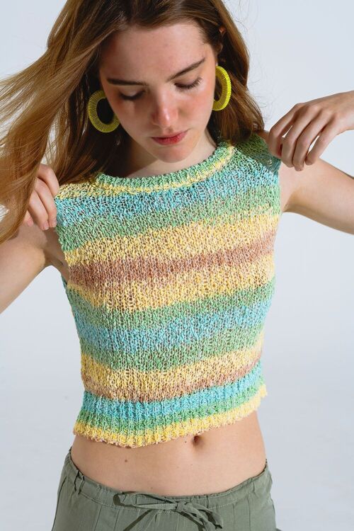 Knitted Multicolor Sleeveless Sweater With Stripes and Crew Neckline