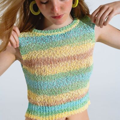 Knitted Multicolor Sleeveless Sweater With Stripes and Crew Neckline