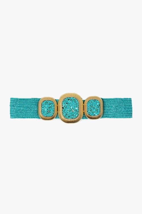 Turquoise Woven Belt With Rectangular Buckle With Beads