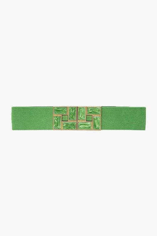 Green Elastic Belt With Squared Marbled Buckles And Gold Details