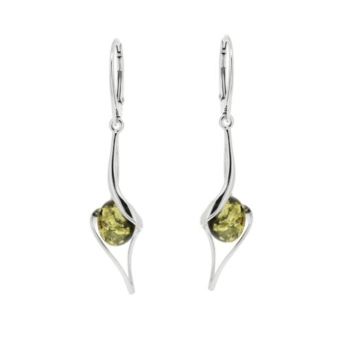 Green Amber Long Twist Earrings with and Presentation Box