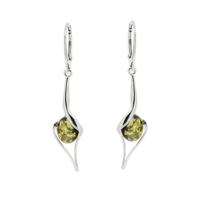 Green Amber Long Twist Earrings with and Presentation Box