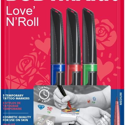 3 bolígrafos BodyMark surtidos "Love'n roll" + 2 hojas de plantillas para tatuaje temporal