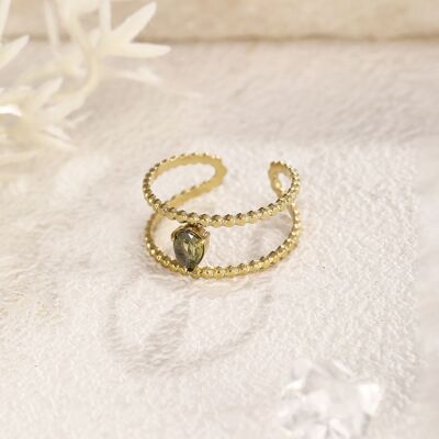 Golden double lines ring with drop rhinestones
