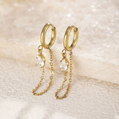 Small gold hoop earrings with chain and dangling rhinestone drop