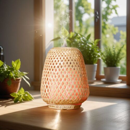 Diffuseur Huile Essentielle Olaki – Diffuseur en Bambou Tressé – Diffusion par Ultrason Saine des Huiles Essentielles et Senteurs Parfumées
