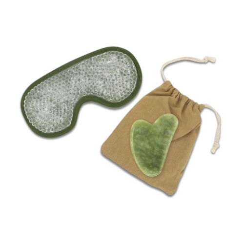 Gua Sha Masseur Visage en Jade Vert et Masque Yeux Thermothérapie - Accessoire Beauté en Pierre Naturelle & Masque Cryothérapie
