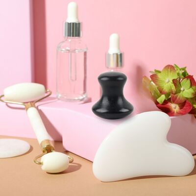 Accessorio di bellezza in pietra naturale - Set di 3 elementi essenziali: cristallo di rocca Gua Sha, fungo serpentino nero e rullo facciale in giada bianca