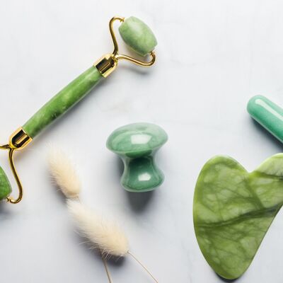 Lot Gua Sha, Champi et Roller Pierre de Jade vert massage facial