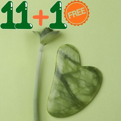 Gua Sha Jade Vert - Masseur Lifting Visage en pierre naturelle - Massage Visage et Corps - Lot de 11 + 1 Gratuit