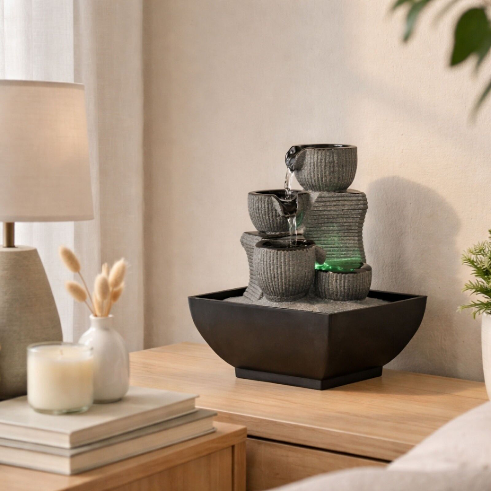 Fontaine D'intérieur Zen Sun Chine - Céramique Et Résine - Noir Et Blanc - Éclairage LED - 23x23x18 Cm - Contemporain