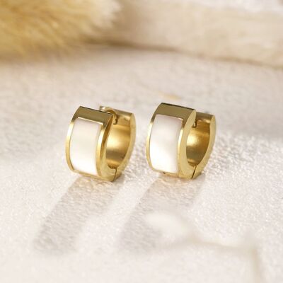 Small golden hoop earrings inlaid with mother-of-pearl