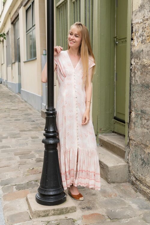 Robe longue boutonnée à imprimé avec col V et mancheron, avec fente