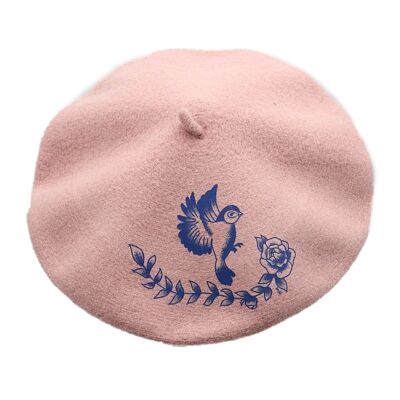 Boina infantil estándar rosa empolvado con tatuaje de pájaro. Fabricada en Francia. 100 % lana (circunferencia de la cabeza de 54 a 61 cm).