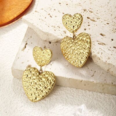 Gold double hammered hearts earrings