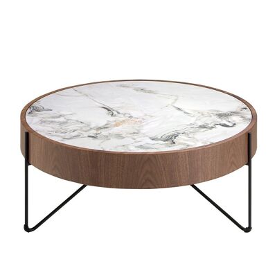 Tavolino rotondo in marmo porcellanato, noce e acciaio nero modello 2138