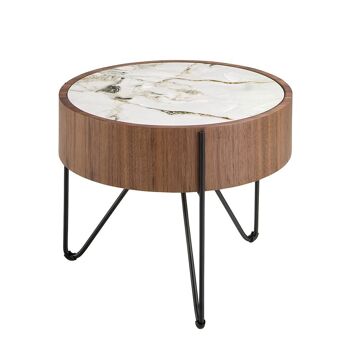 Table d'angle ronde en marbre porcelaine, noyer et acier noir modèle 2139 1