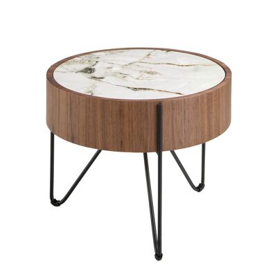 Round porcelain marble, walnut and black steel corner table model 2139