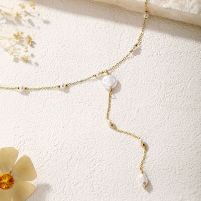 Goldene Y-förmige Halskette mit runden und barocken Perlen