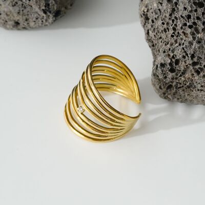 Anello multilinea in oro con strass