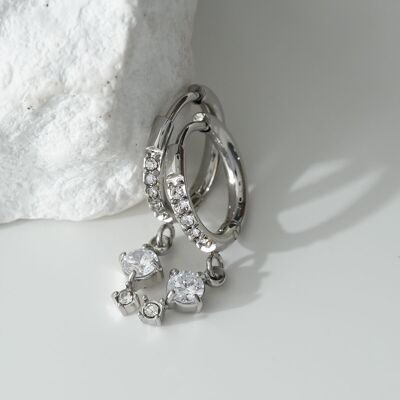Silver small rhinestone hoop earrings with dangling rhinestones