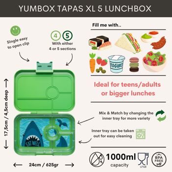 Yumbox Tapas XL boîte à lunch bento 4 sections sans fuite - Jurassic Green / Shark 2