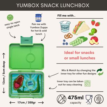 Yumbox Snack bento lunchbox 3 sections sans fuite - Jurassic Green / Dinosaure 2