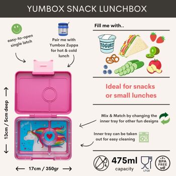 Yumbox Snack bento lunchbox 3 sections sans fuite - Malibu Violet / Licorne Magique 2