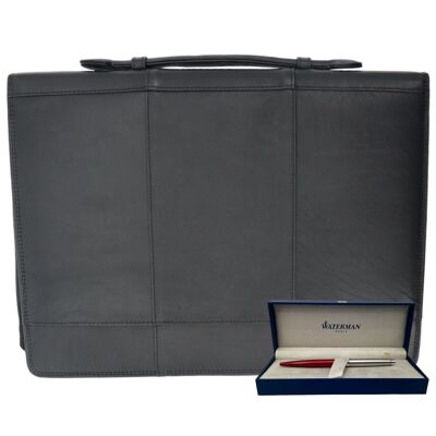 Dublin writing folder with handle - with Waterman pen - leather - Writing folder - Leather briefcase - with ring binder - black