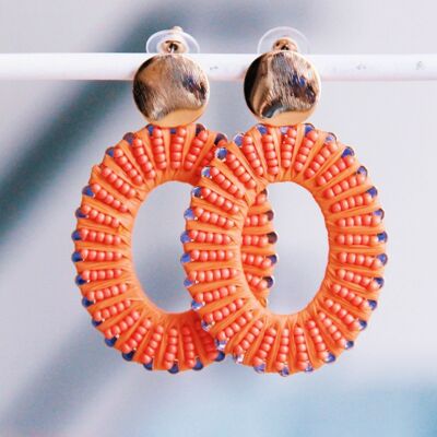 Stainless steel oval statement earring – orange coral/gold