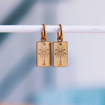 Stainless steel hoop earrings with tag and palm tree - gold
