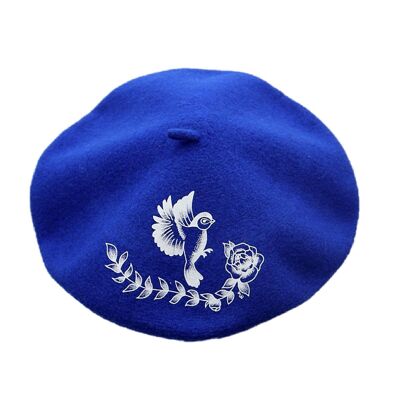 Boina infantil azul rey con tatuaje de pájaro. Fabricada en Francia. 100 % lana (circunferencia de la cabeza de 54 a 61 cm).