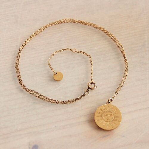 Stainless steel fine necklace with round charm and sun - gold
