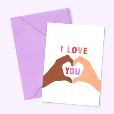 Carte A6 "I love you - Coeur mains" (avec enveloppe de couleur)