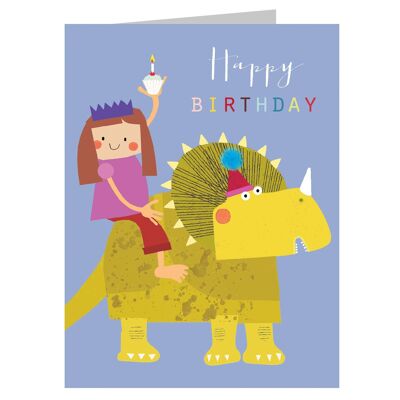 TMC23 Biglietto di auguri di compleanno con mini ragazza su un dinosauro