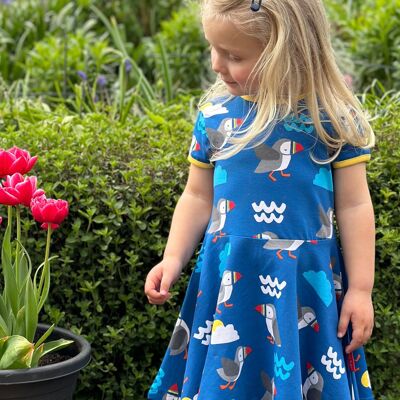 Organic cotton short sleeve skater dress with puffin print
