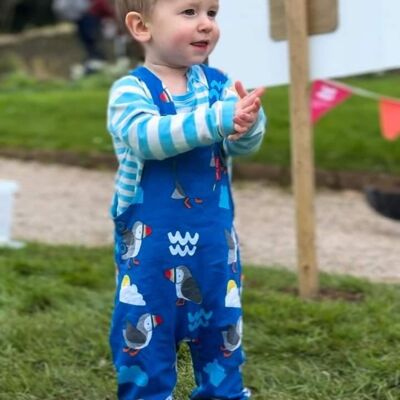 Organic cotton dungarees with puffin print