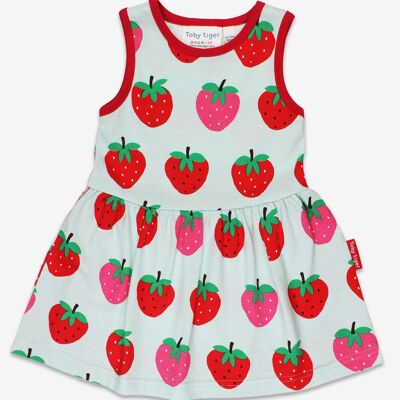 Vestido de verano confeccionado en algodón orgánico con estampado de fresas