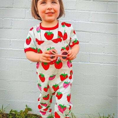 Organic cotton dungarees with strawberry appliqué