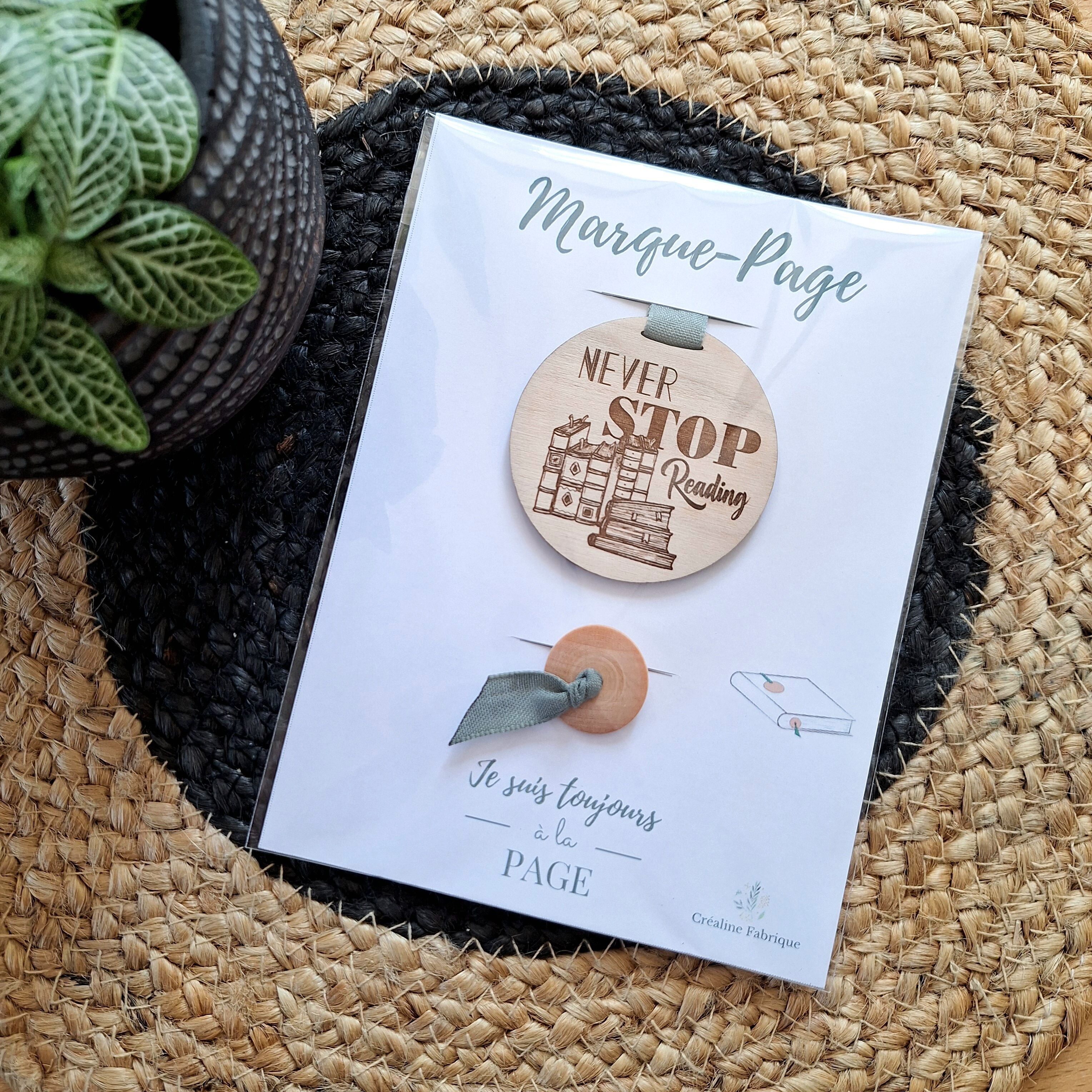 Original bookmark, Ribbon and wood engraved with Quote on the theme of reading "Never Stop Reading"