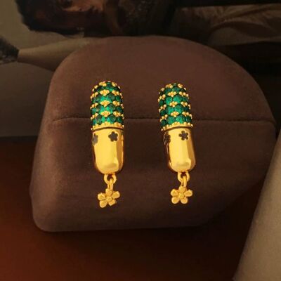 Capsule Design Earrings Green Dazzling Stones Flower Charm