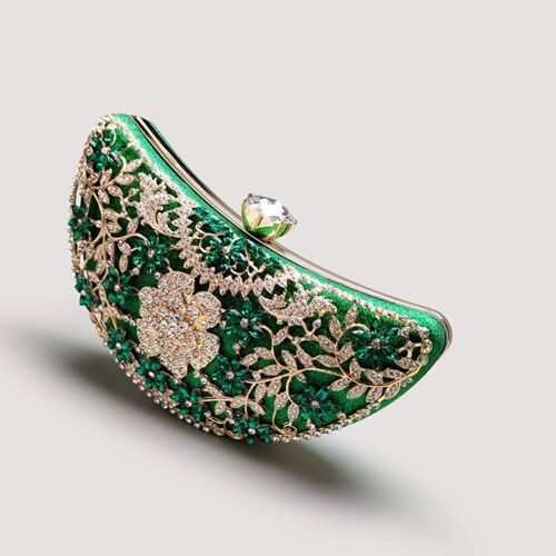 Emerald Green Dazzling Half Moon Clutch - Gold Flower Frame