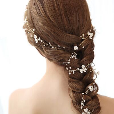 Vigne de cheveux de mariée florale blanche en nacre romantique-faite à la main