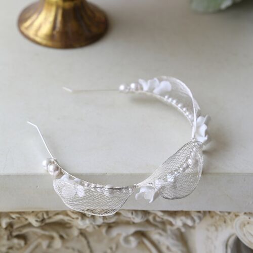 Romantic white flower garland silver mesh bridal headband-ceramic flowers