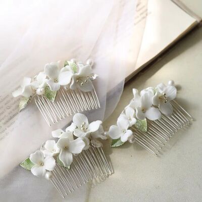 Horquilla nupcial floral blanca elegante de cerámica de diseño único-Hoja verde-Hecho a mano