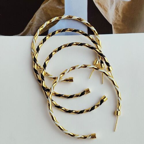 Chic Minimalist hoop earrings with braided leather-black n white