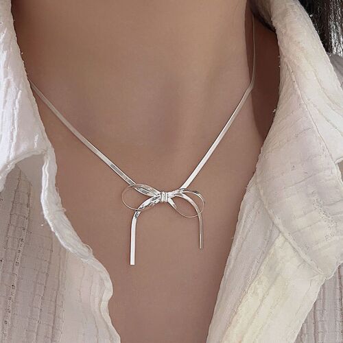 Sterling Silver Herringbone Chain Jewelry Set with Butterfly Tie