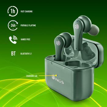 NGS ARTICA BLOOM GREEN : écouteurs intra-auriculaires design compatibles avec la technologie TWS et Bluetooth. JUSQU'À 24 HEURES - COMMANDES TACTILES - USB TYPEC. COULEUR VERTE 4