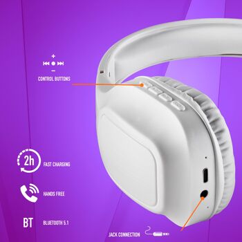 ARTICA WRATH WHITE : Casque stéréo sans fil compatible avec 5.1 technologie Bluetooth. Jusqu'à 10 heures de batterie. Boutons de commande. Mains libres. Blanc. 6
